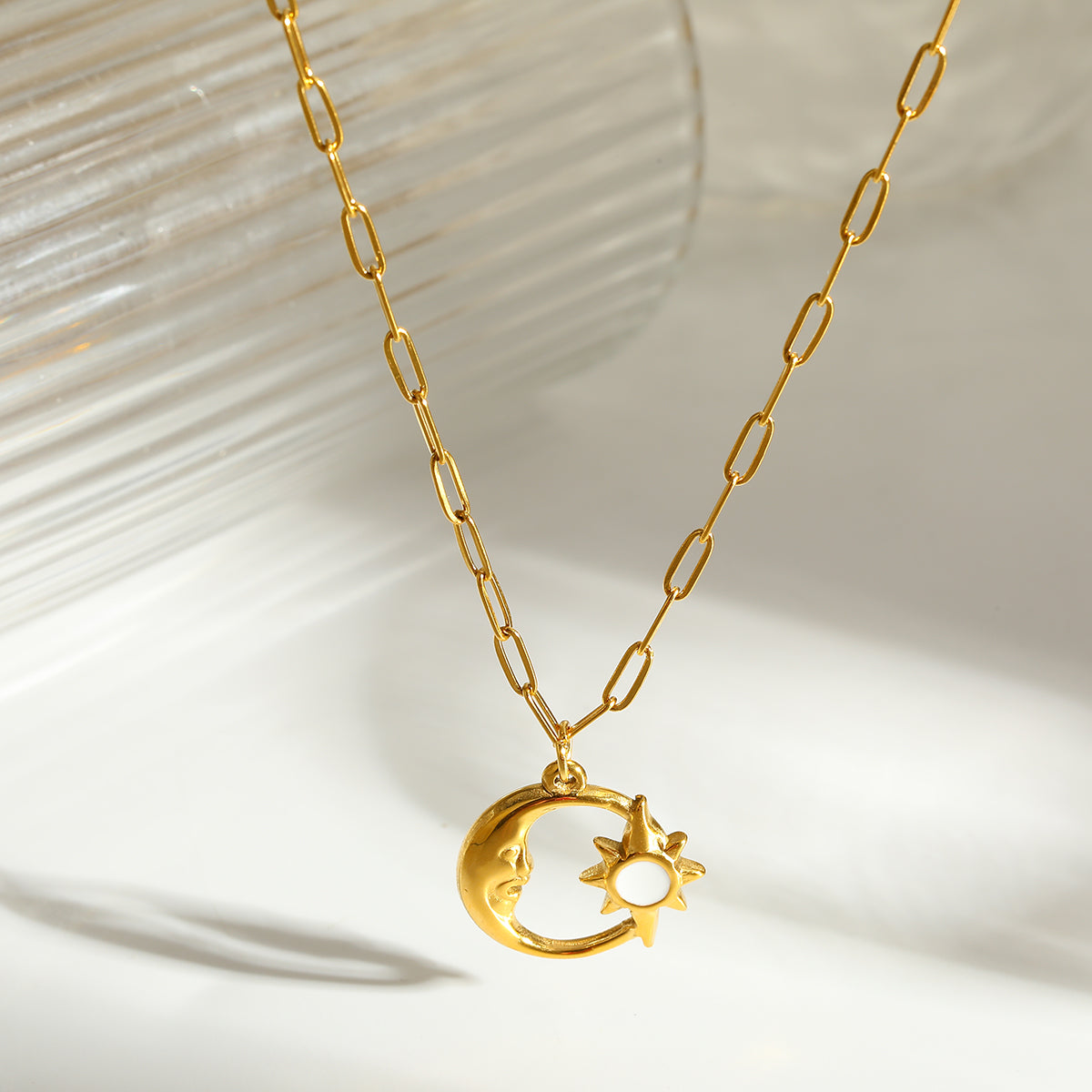 18K Real Gold Plated 304 Stainless Steel PVD Coated Geometric Sun Moon Enamel Cable Chain Necklace