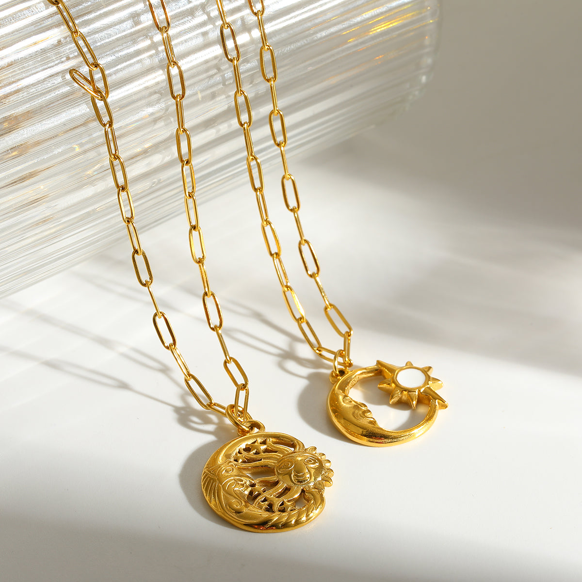 18K Real Gold Plated 304 Stainless Steel PVD Coated Geometric Sun Moon Enamel Cable Chain Necklace