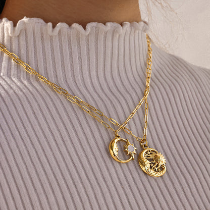 18K Real Gold Plated 304 Stainless Steel PVD Coated Geometric Sun Moon Enamel Cable Chain Necklace