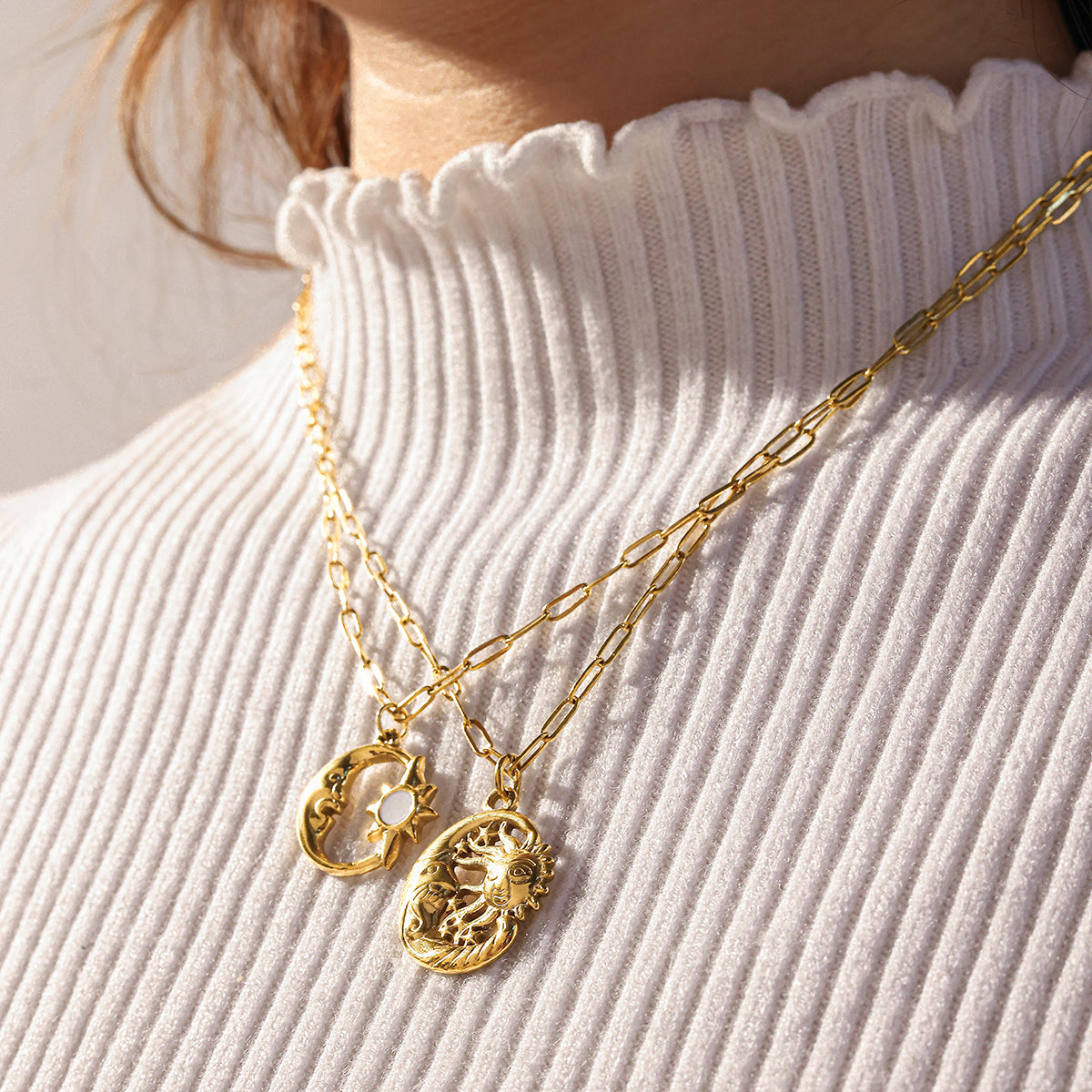 18K Real Gold Plated 304 Stainless Steel PVD Coated Geometric Sun Moon Enamel Cable Chain Necklace