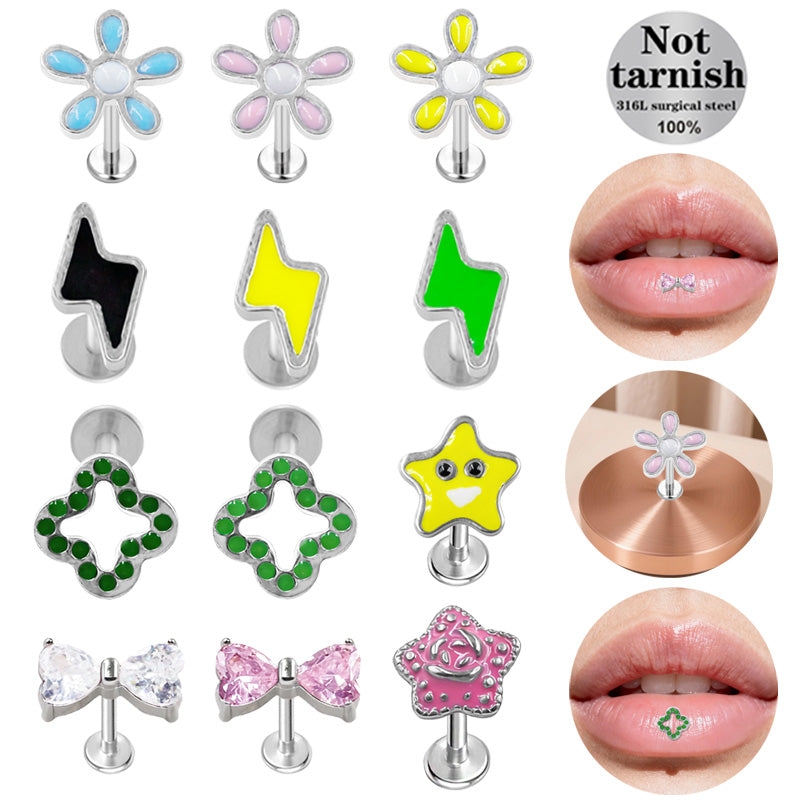 Three-dimensional Flowers Titanium Steel Lip Ring With Platinum Plating And Zircon Inlay, 1 PCS Package, Unisex