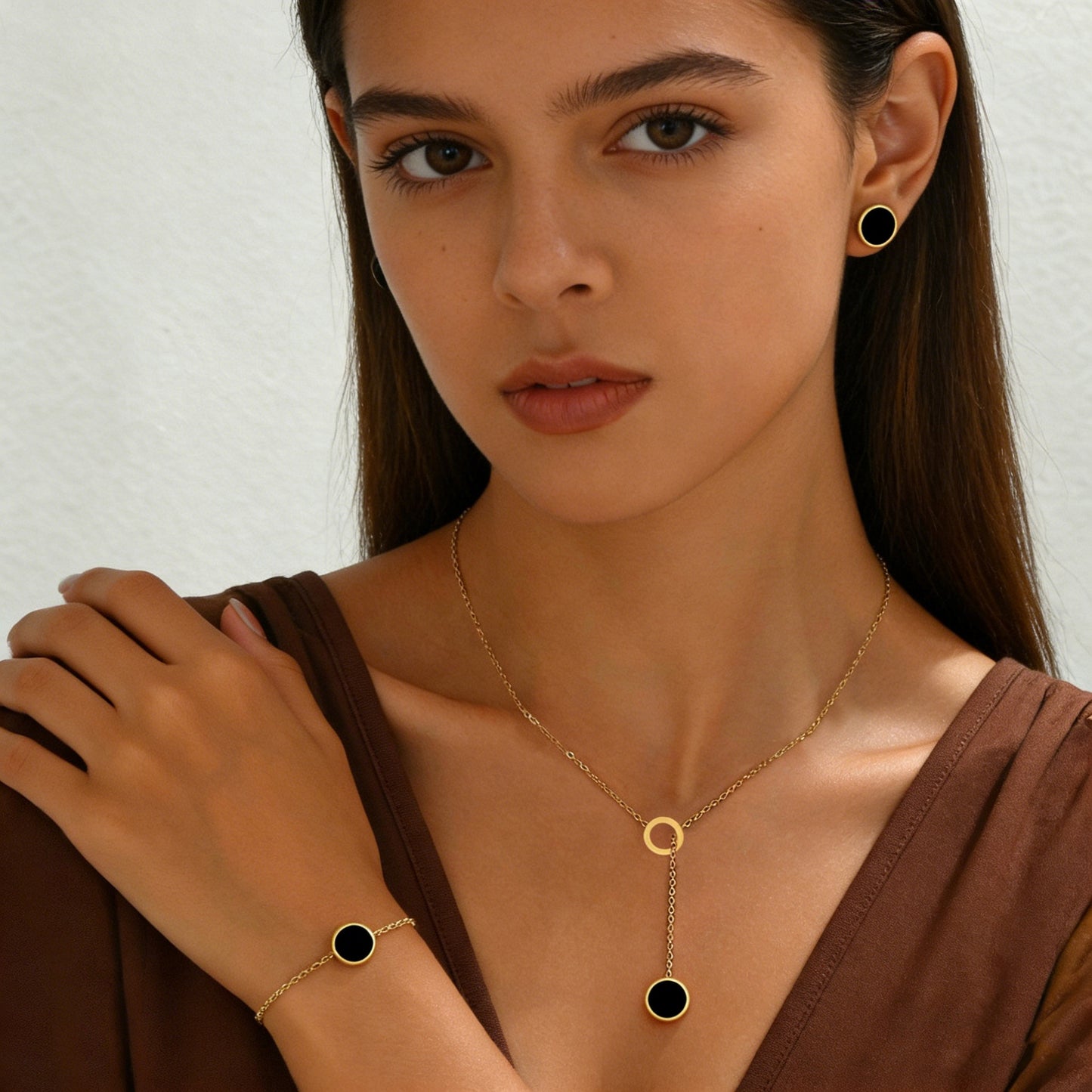 Round Three-dimensional Jewelry Set For Women In 304 Stainless Steel With 18K Real Gold Plated Cable Chain