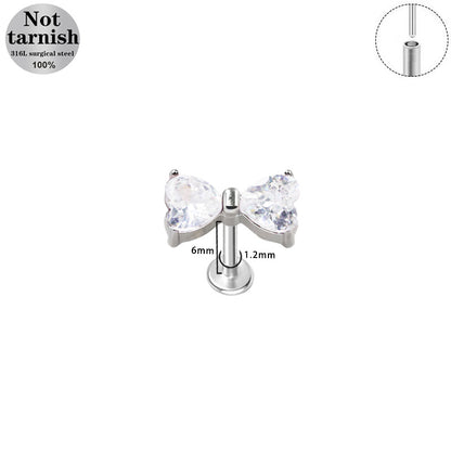 Three-dimensional Flowers Titanium Steel Lip Ring With Platinum Plating And Zircon Inlay, 1 PCS Package, Unisex