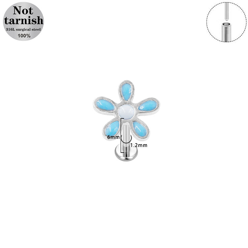 Three-dimensional Flowers Titanium Steel Lip Ring With Platinum Plating And Zircon Inlay, 1 PCS Package, Unisex