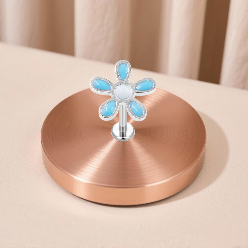 Three-dimensional Flowers Titanium Steel Lip Ring With Platinum Plating And Zircon Inlay, 1 PCS Package, Unisex
