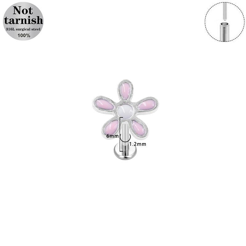 Three-dimensional Flowers Titanium Steel Lip Ring With Platinum Plating And Zircon Inlay, 1 PCS Package, Unisex