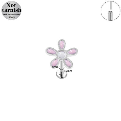 Three-dimensional Flowers Titanium Steel Lip Ring With Platinum Plating And Zircon Inlay, 1 PCS Package, Unisex