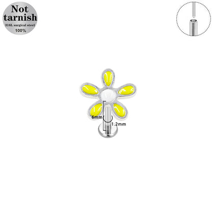 Three-dimensional Flowers Titanium Steel Lip Ring With Platinum Plating And Zircon Inlay, 1 PCS Package, Unisex