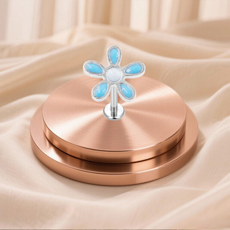 Three-dimensional Flowers Titanium Steel Lip Ring With Platinum Plating And Zircon Inlay, 1 PCS Package, Unisex