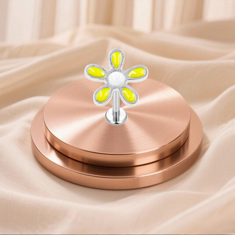 Three-dimensional Flowers Titanium Steel Lip Ring With Platinum Plating And Zircon Inlay, 1 PCS Package, Unisex