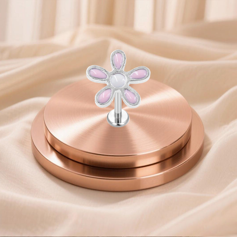 Three-dimensional Flowers Titanium Steel Lip Ring With Platinum Plating And Zircon Inlay, 1 PCS Package, Unisex