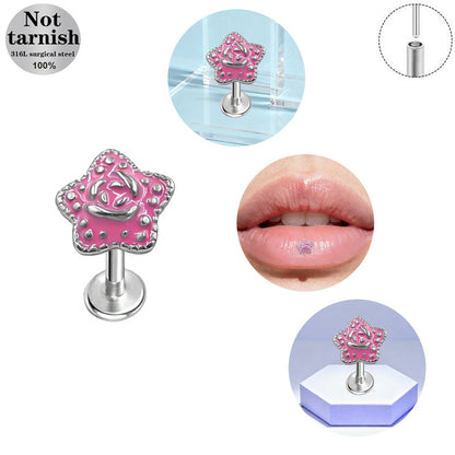Three-dimensional Flowers Titanium Steel Lip Ring With Platinum Plating And Zircon Inlay, 1 PCS Package, Unisex