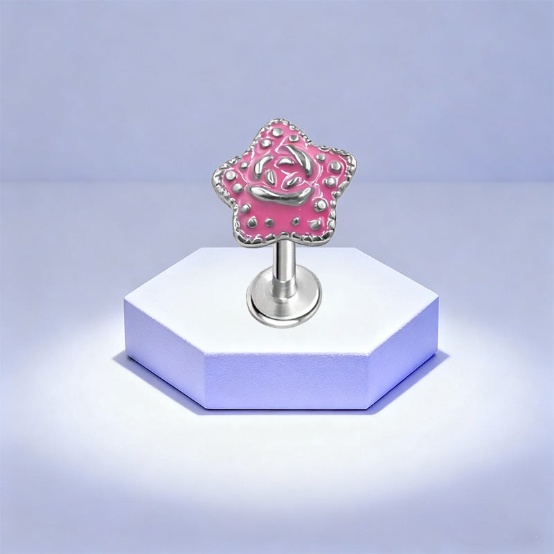 Three-dimensional Flowers Titanium Steel Lip Ring With Platinum Plating And Zircon Inlay, 1 PCS Package, Unisex