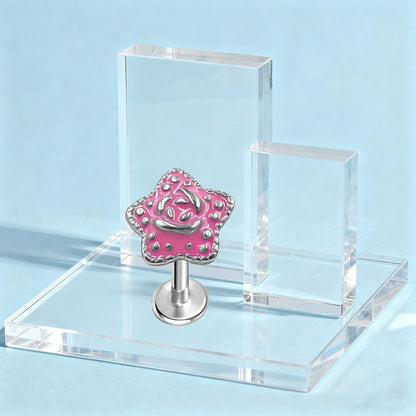 Three-dimensional Flowers Titanium Steel Lip Ring With Platinum Plating And Zircon Inlay, 1 PCS Package, Unisex