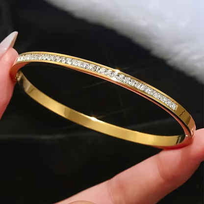 Solid Color Bangle For Wedding Season, Unisex 304 Stainless Steel Bracelet Featuring 18K Real Gold Plating And Zircon Inlay