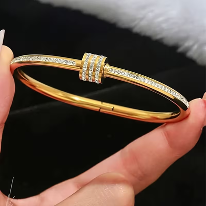 Solid Color Bangle For Wedding Season, Unisex 304 Stainless Steel Bracelet Featuring 18K Real Gold Plating And Zircon Inlay