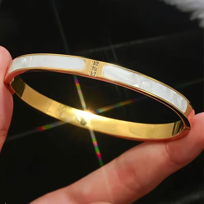 Solid Color Bangle For Wedding Season, Unisex 304 Stainless Steel Bracelet Featuring 18K Real Gold Plating And Zircon Inlay