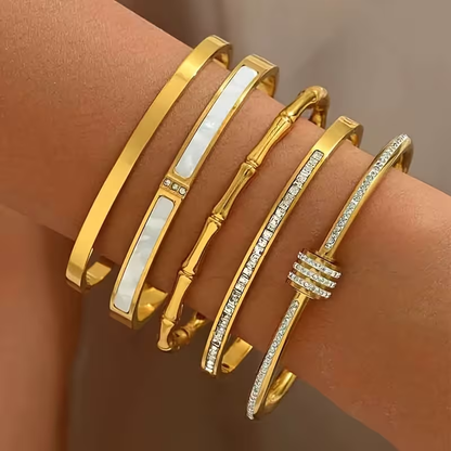 Solid Color Bangle For Wedding Season, Unisex 304 Stainless Steel Bracelet Featuring 18K Real Gold Plating And Zircon Inlay