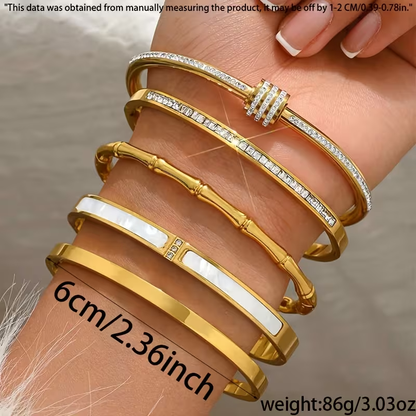Solid Color Bangle For Wedding Season, Unisex 304 Stainless Steel Bracelet Featuring 18K Real Gold Plating And Zircon Inlay