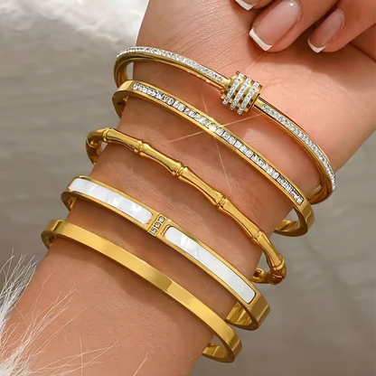 Solid Color Bangle For Wedding Season, Unisex 304 Stainless Steel Bracelet Featuring 18K Real Gold Plating And Zircon Inlay