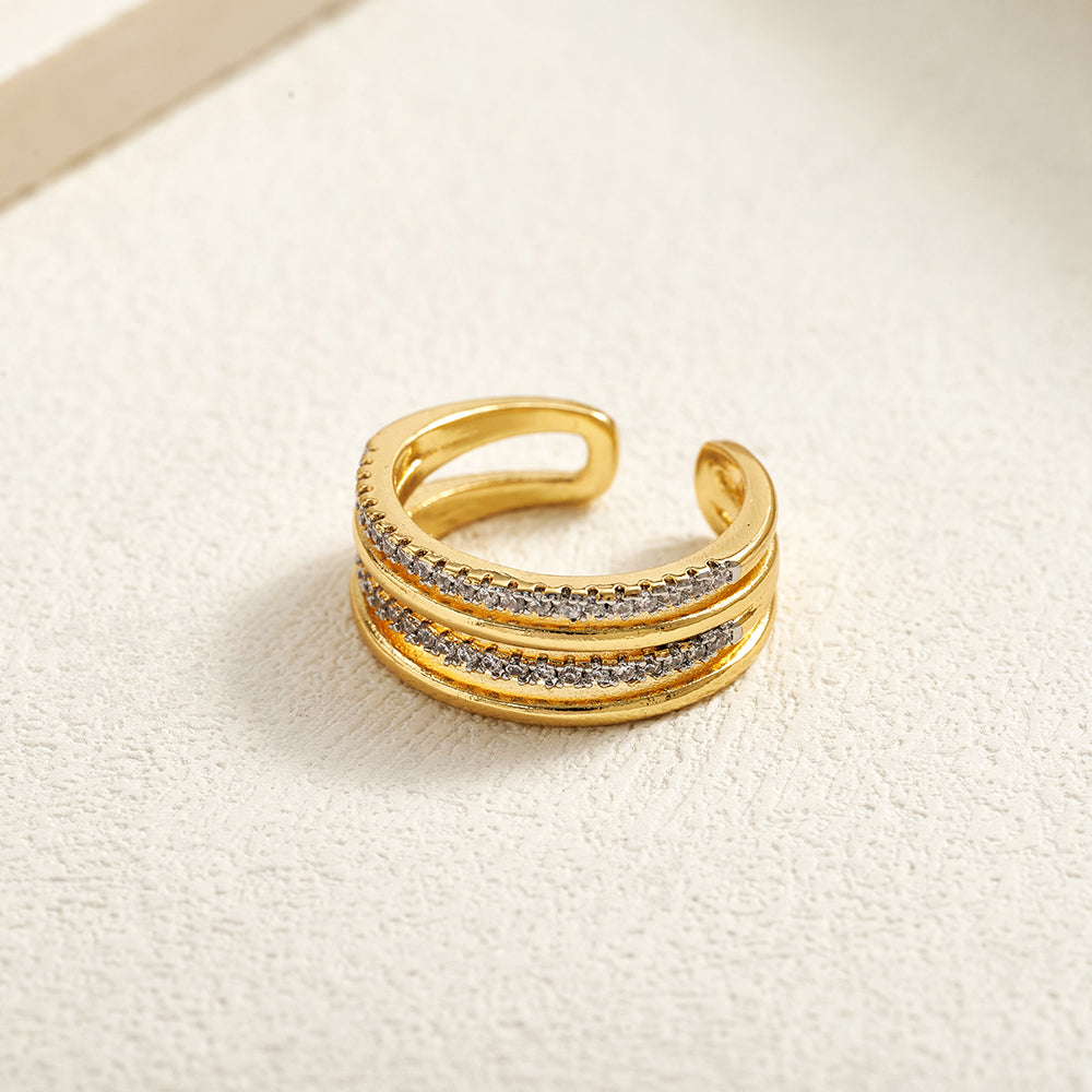 For Women Electroplated Copper Open Rings Featuring Zircon With 18K Real Gold Plated Cross Design