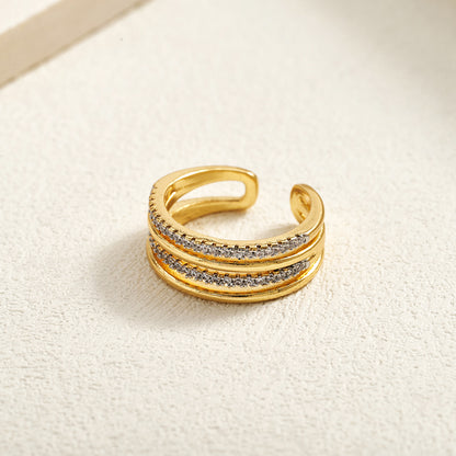 For Women Electroplated Copper Open Rings Featuring Zircon With 18K Real Gold Plated Cross Design