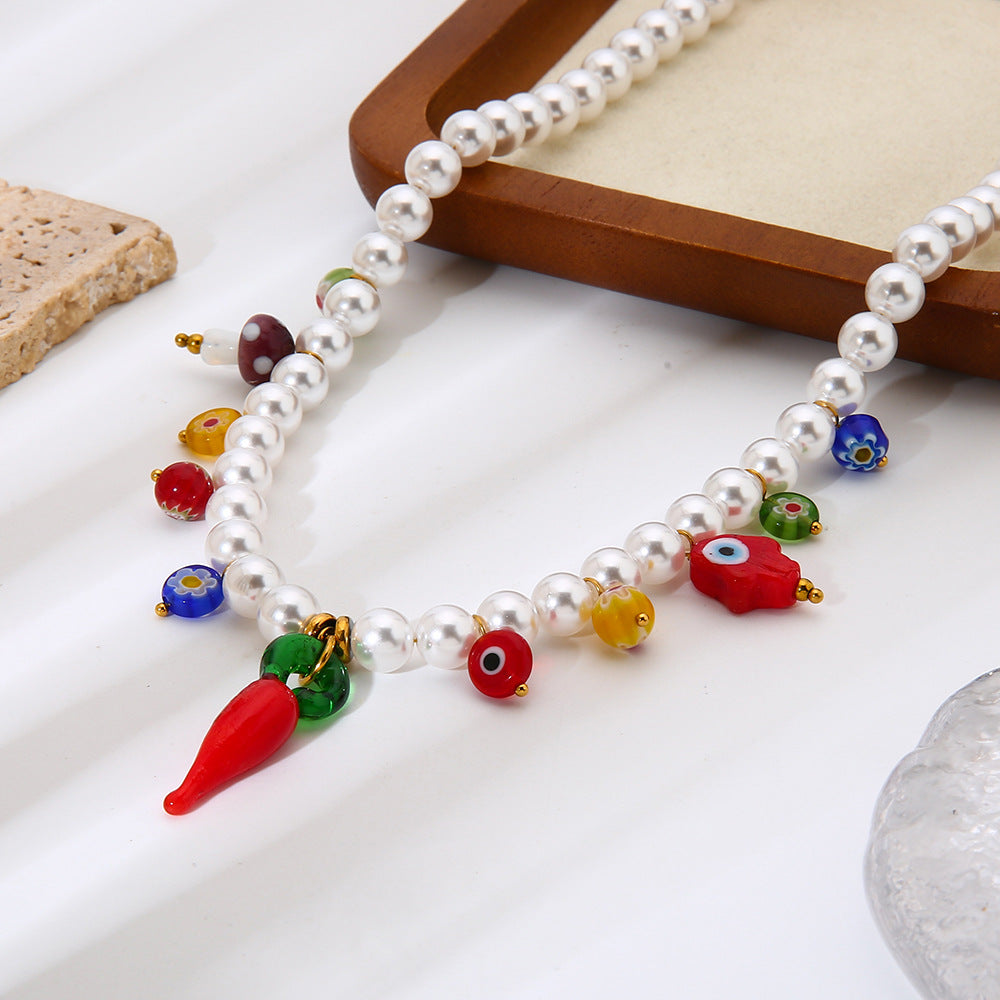 Eye Necklace For Women With Acrylic Beading And Electroplated Finish, Featuring A Beaded Chain