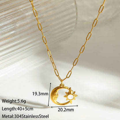 18K Real Gold Plated 304 Stainless Steel PVD Coated Geometric Sun Moon Enamel Cable Chain Necklace
