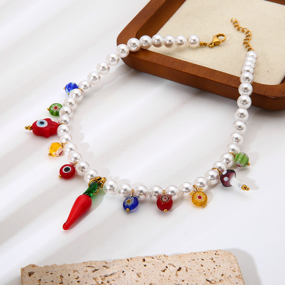Eye Necklace For Women With Acrylic Beading And Electroplated Finish, Featuring A Beaded Chain