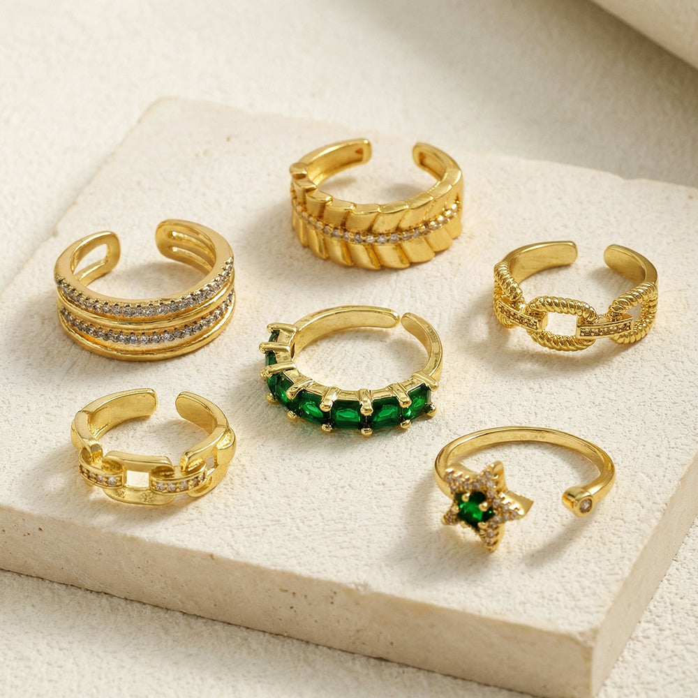 For Women Electroplated Copper Open Rings Featuring Zircon With 18K Real Gold Plated Cross Design