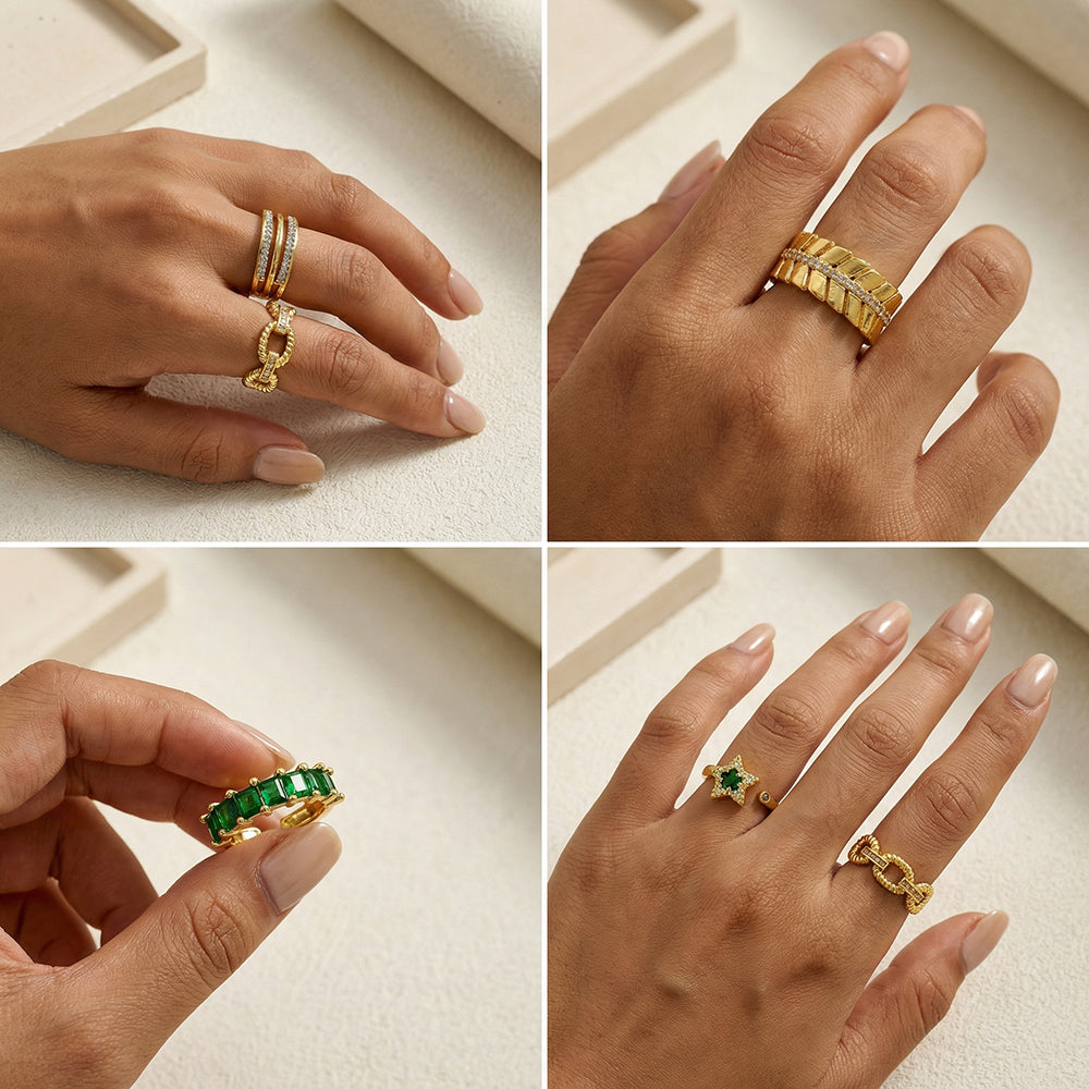 For Women Electroplated Copper Open Rings Featuring Zircon With 18K Real Gold Plated Cross Design