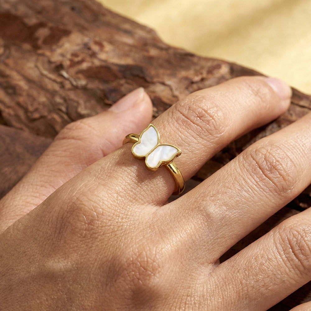 Electroplated Copper Open Ring For Women Featuring 18K Real Gold Plating With Acrylic Imitation Pearl Inlay