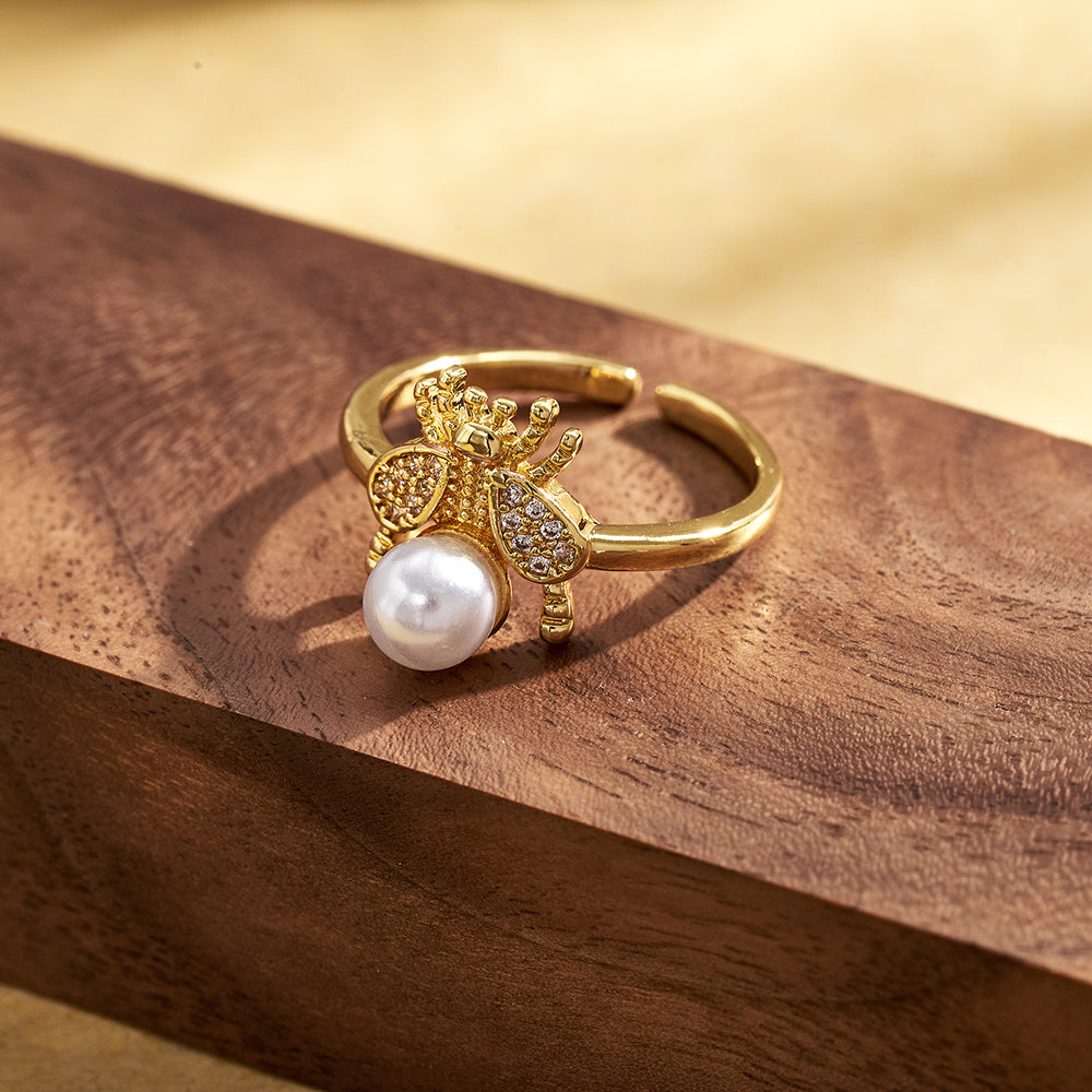 Electroplated Copper Open Ring For Women Featuring 18K Real Gold Plating With Acrylic Imitation Pearl Inlay