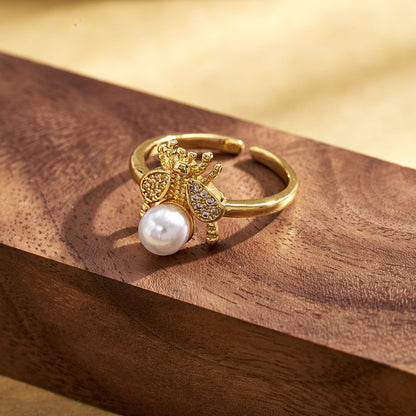 Electroplated Copper Open Ring For Women Featuring 18K Real Gold Plating With Acrylic Imitation Pearl Inlay