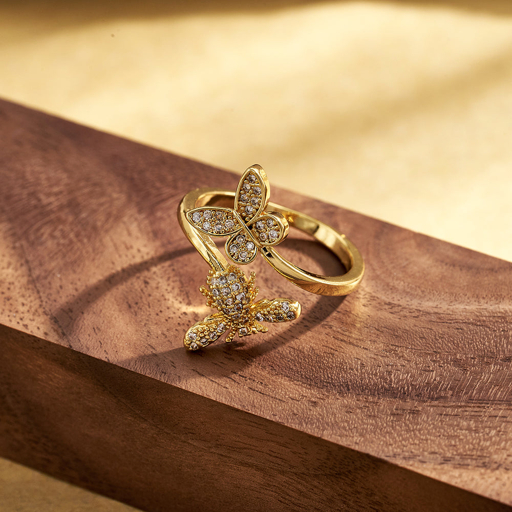 Electroplated Copper Open Ring For Women Featuring 18K Real Gold Plating With Acrylic Imitation Pearl Inlay