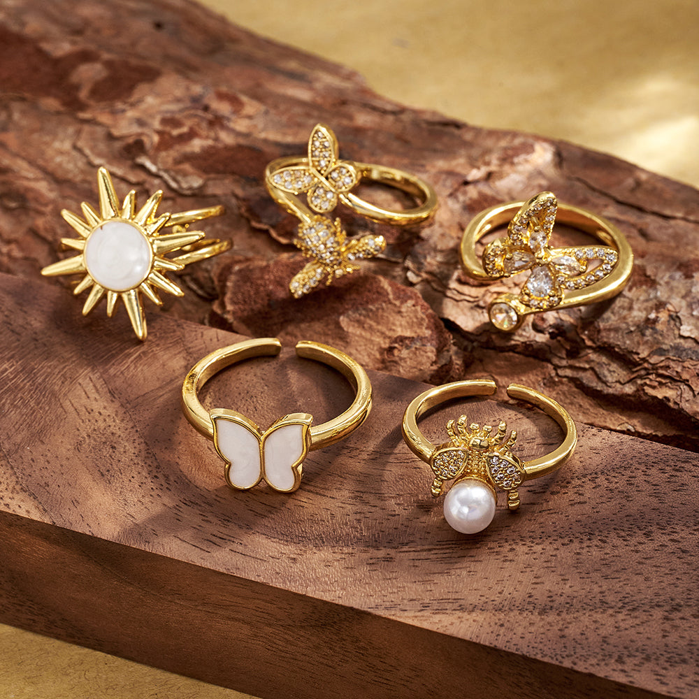 Electroplated Copper Open Ring For Women Featuring 18K Real Gold Plating With Acrylic Imitation Pearl Inlay