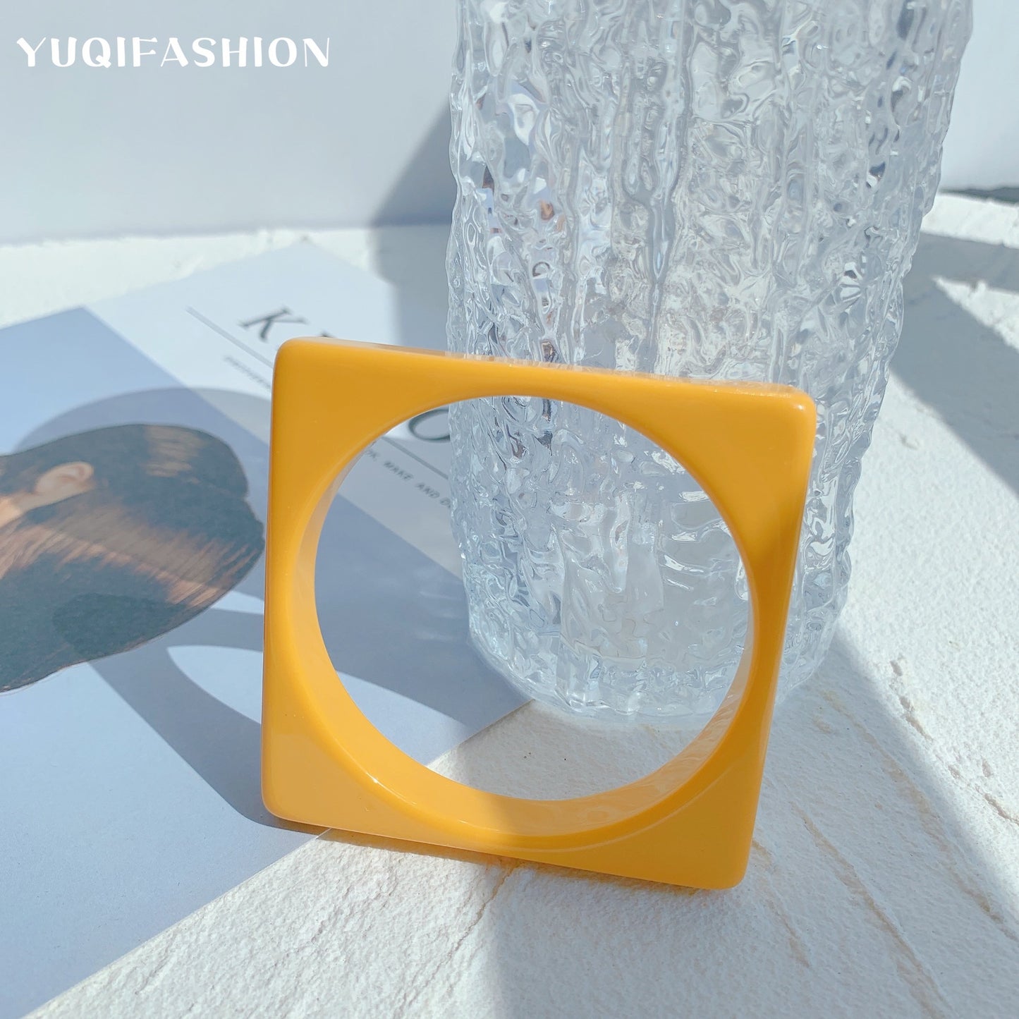 Retro Square Resin Bangle For Women In Yellow, Stylish Wristband Accessory