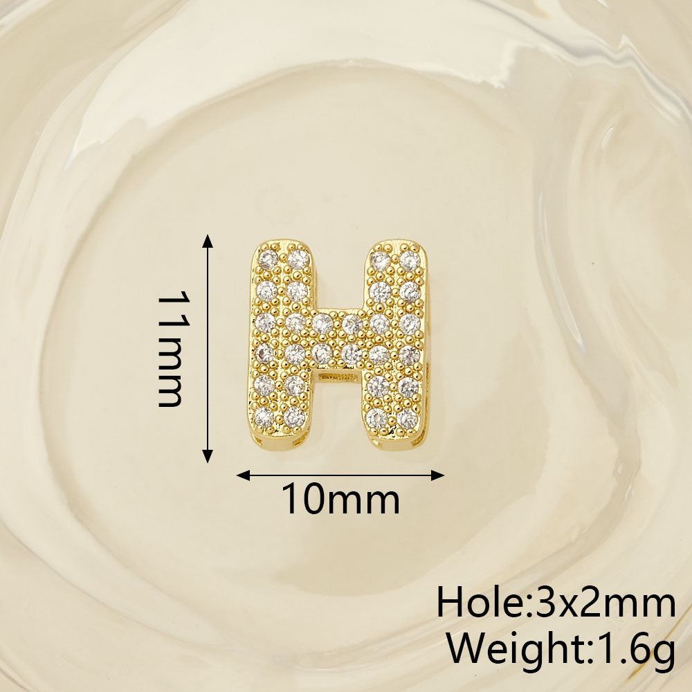 Smooth Letter Bead With 18K Real Gold Plated Copper Featuring Zircon Inlay, Electroplated Finish, 1 Pc Package