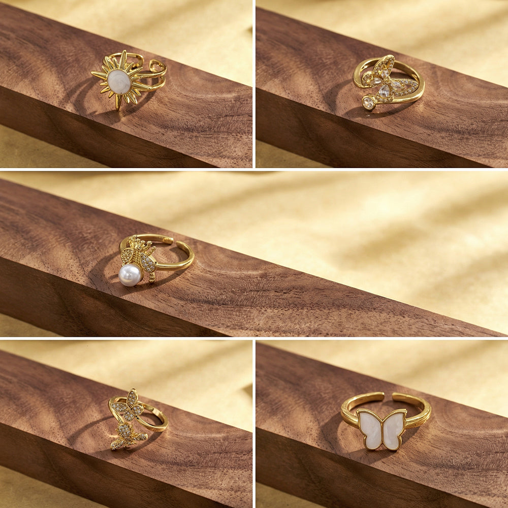 Electroplated Copper Open Ring For Women Featuring 18K Real Gold Plating With Acrylic Imitation Pearl Inlay