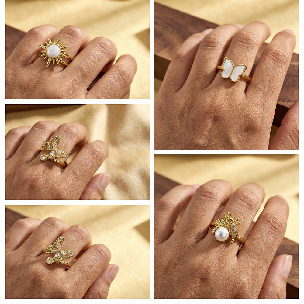 Electroplated Copper Open Ring For Women Featuring 18K Real Gold Plating With Acrylic Imitation Pearl Inlay