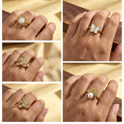 Electroplated Copper Open Ring For Women Featuring 18K Real Gold Plating With Acrylic Imitation Pearl Inlay