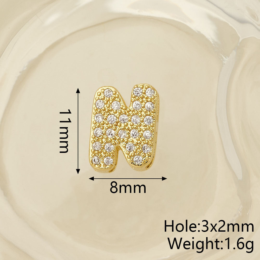 Smooth Letter Bead With 18K Real Gold Plated Copper Featuring Zircon Inlay, Electroplated Finish, 1 Pc Package