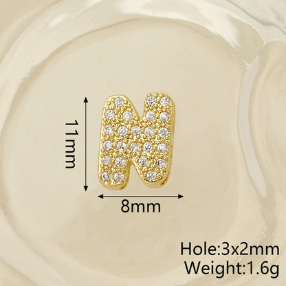 Smooth Letter Bead With 18K Real Gold Plated Copper Featuring Zircon Inlay, Electroplated Finish, 1 Pc Package