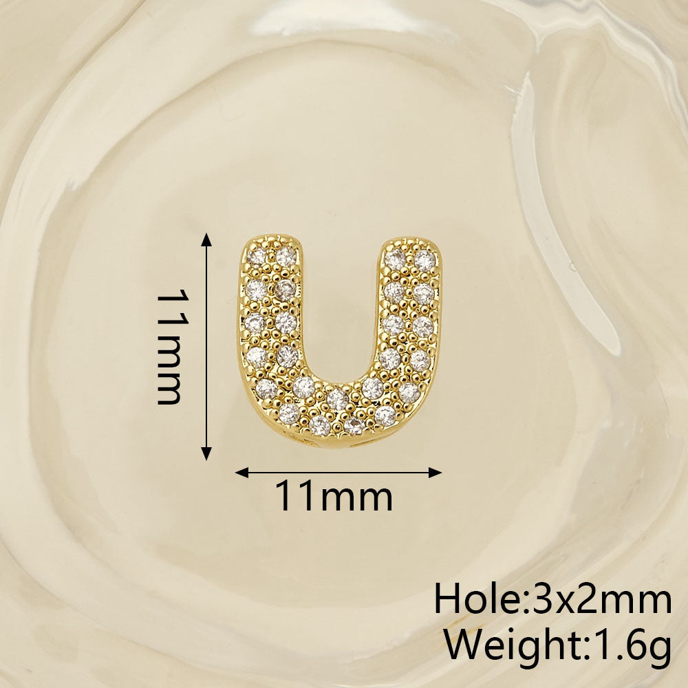 Smooth Letter Bead With 18K Real Gold Plated Copper Featuring Zircon Inlay, Electroplated Finish, 1 Pc Package