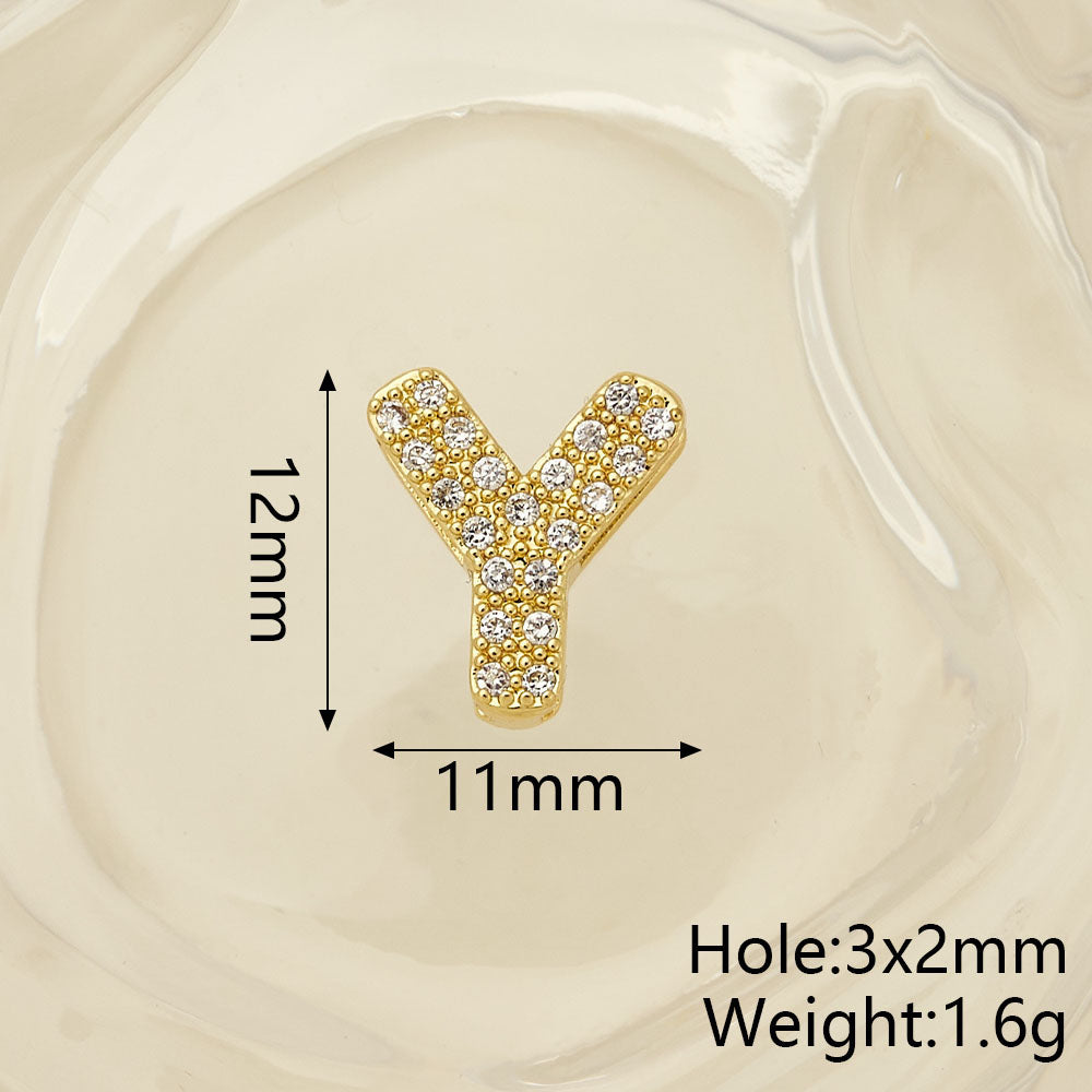 Smooth Letter Bead With 18K Real Gold Plated Copper Featuring Zircon Inlay, Electroplated Finish, 1 Pc Package