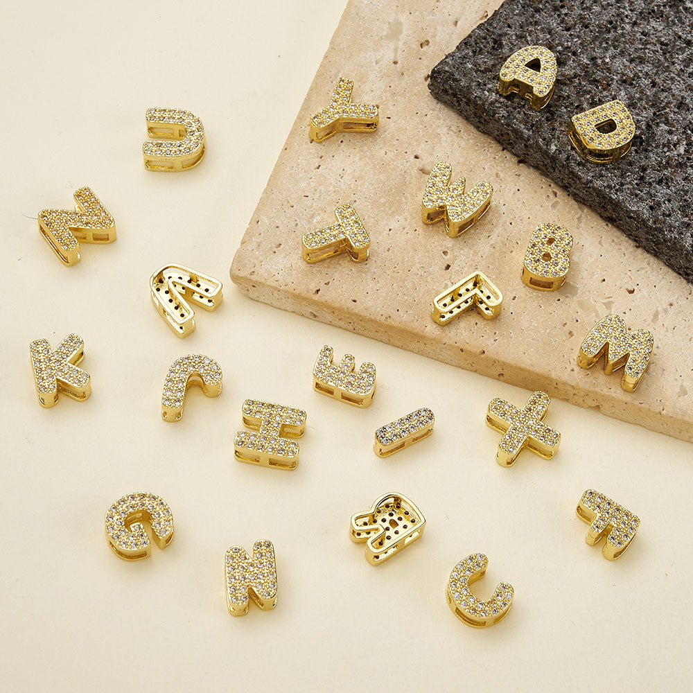 Smooth Letter Bead With 18K Real Gold Plated Copper Featuring Zircon Inlay, Electroplated Finish, 1 Pc Package