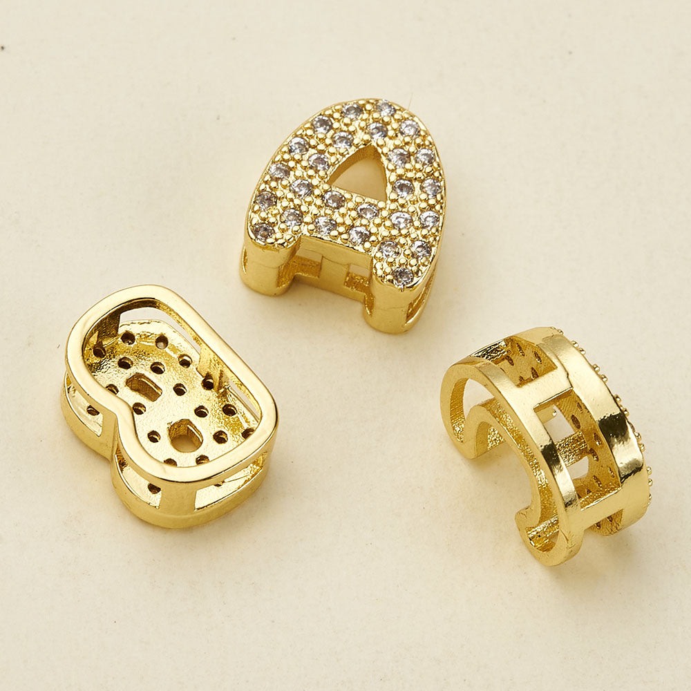 Smooth Letter Bead With 18K Real Gold Plated Copper Featuring Zircon Inlay, Electroplated Finish, 1 Pc Package