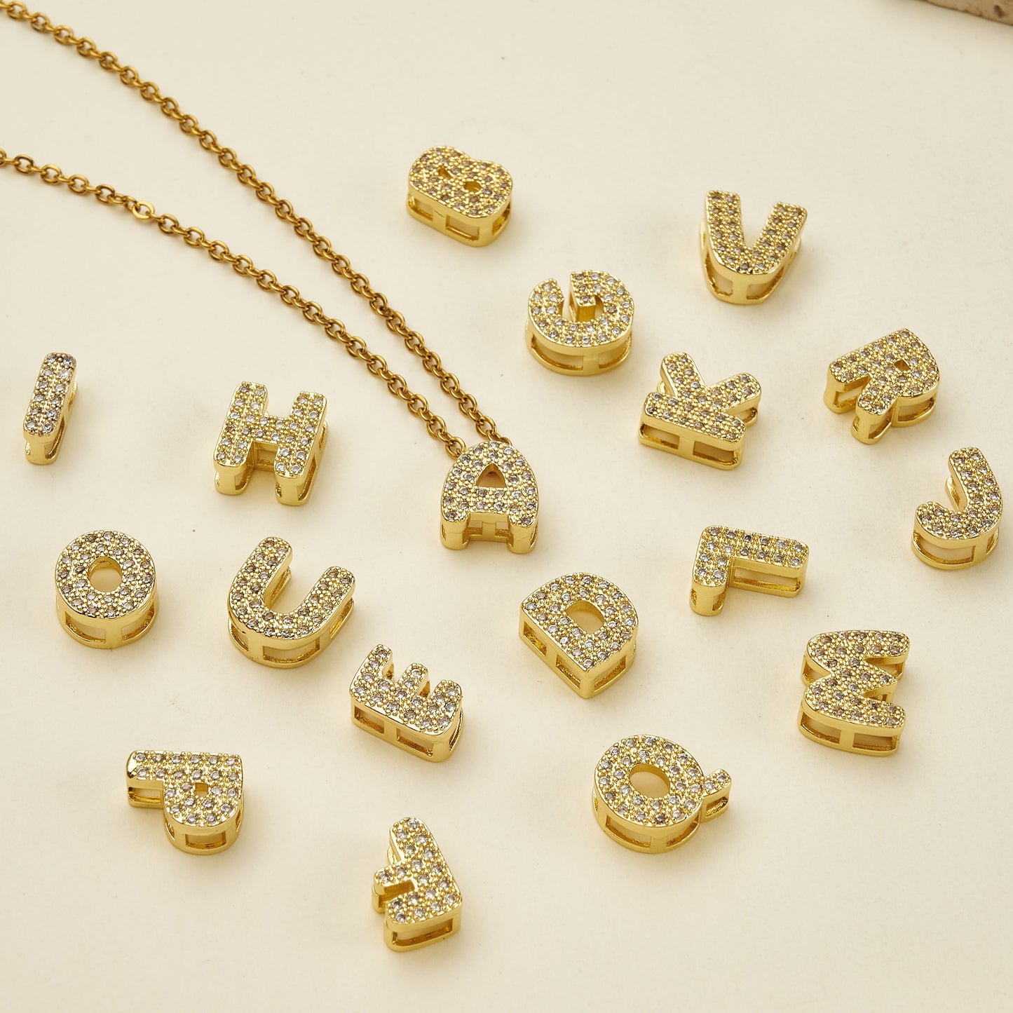 Smooth Letter Bead With 18K Real Gold Plated Copper Featuring Zircon Inlay, Electroplated Finish, 1 Pc Package