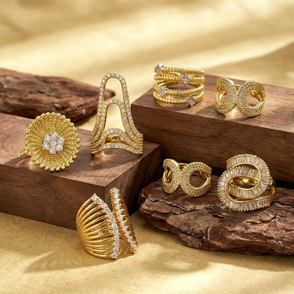 For Women Electroplated Copper Open Rings Featuring 18K Real Gold Plated And Zircon Inlay
