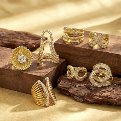For Women Electroplated Copper Open Rings Featuring 18K Real Gold Plated And Zircon Inlay